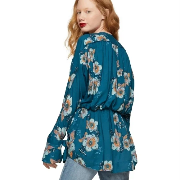 Free People Tuscan Dreams teal long floral bohemian cottagecore soft tunic - Picture 3 of 7